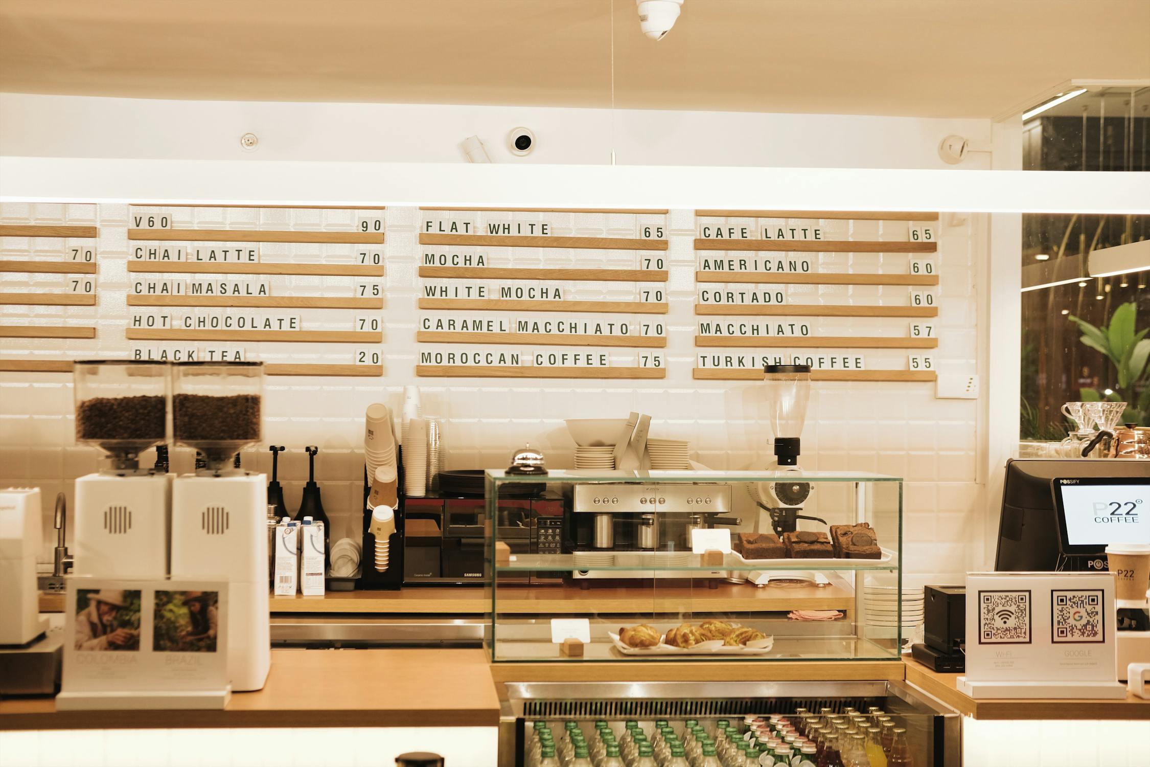 Bar counter in a coffee shop with warm ambient lighting
