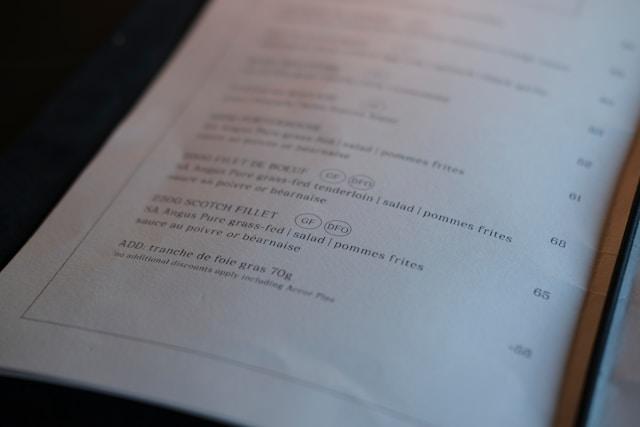 Close up of a restaurant menu on a table