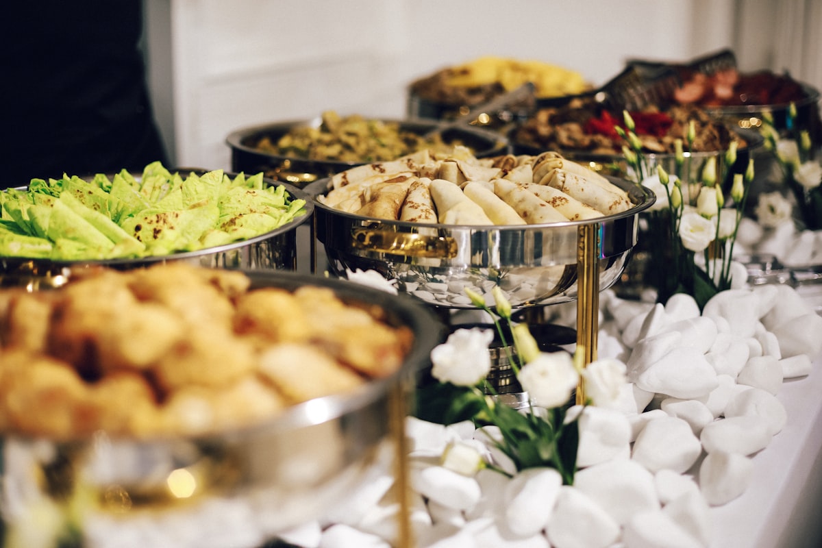 Elegant catering display with beautifully arranged appetizers and dishes